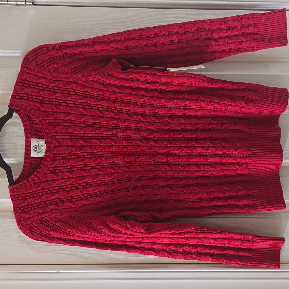 ST. JOHN'S BAY BRAND WOMENS PETITE RED CLASSIC CABLE SWEATER SIZE PETITE MEDIUM